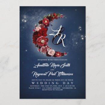 navy and burgundy floral starry night moon wedding invitation