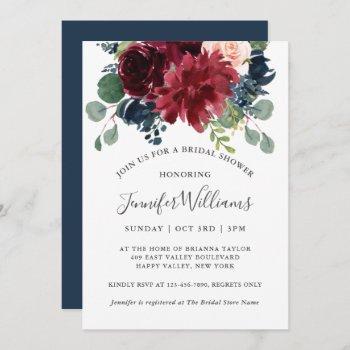 navy and burgundy watercolor floral bridal shower invitation