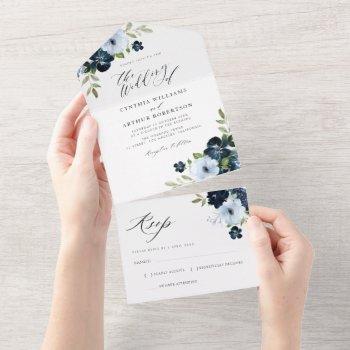 navy and dusty blue watercolor floral wedding  all in one invitation