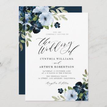 navy and light blue floral script wedding invitation
