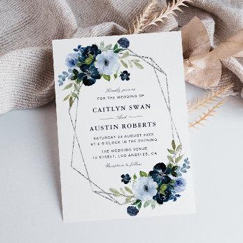 navy and light blue silver geometric wedding invitation