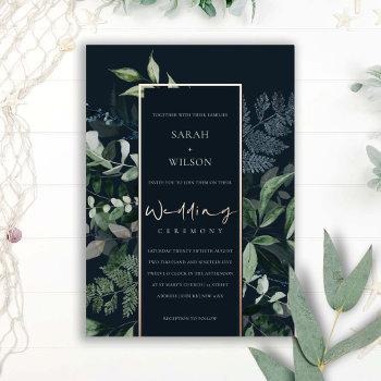 Small Navy Black Green Leafy Tropical Fauna Wedding Foil Front View
