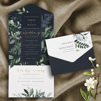 navy black green leafy tropical foliage wedding al all in one invitation