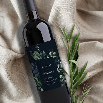 Small Navy Black Green Leafy Tropical Foliage Wedding Wine Label Front View