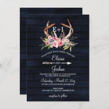 navy blooming antlers country chic wedding invitation