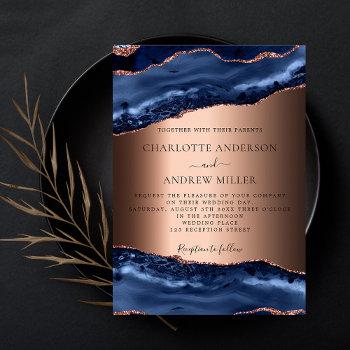 navy blue agate marble rose gold wedding invitation
