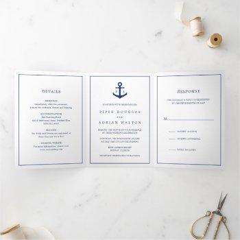 navy blue anchor monogram nautical elegant wedding tri-fold invitation