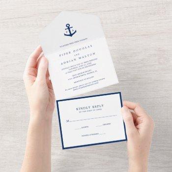 navy blue anchor monogram nautical wedding all in one invitation