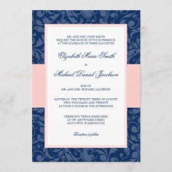 Small Navy Blue And Blush Pink Damask Swirl Wedding Front View