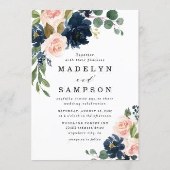 navy blue and blush pink floral country wedding invitation