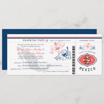 navy blue and coral mexico boarding pass wedding invitation