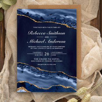 navy blue and gold agate marble wedding invitation