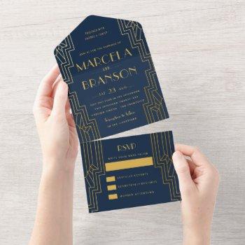 navy blue and gold art deco wedding all in one invitation