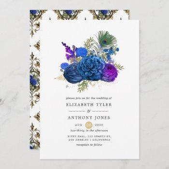navy blue and gold vintage peacock floral wedding invitation