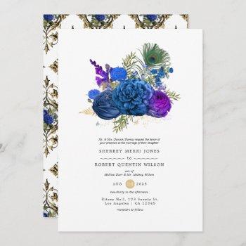 navy blue and gold vintage peacock floral wedding  invitation