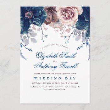 Small Navy Blue And Mauve Watercolor Floral Wedding Front View