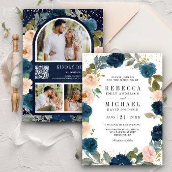 navy blue and peach floral photo qr code wedding invitation