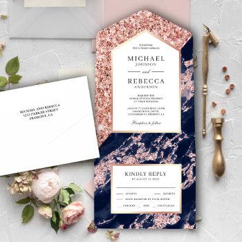 navy blue and rose gold glitter marble wedding all in one invitation