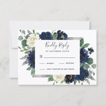 navy blue and silver elegant ivory floral wedding rsvp card