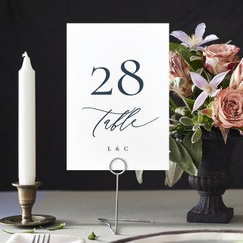 Small Navy Blue And White Calligraphy Modern Wedding Table Number Front View