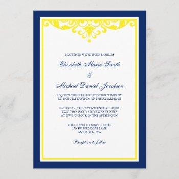 navy blue and yellow flourish wedding invitation