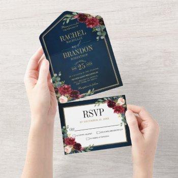 navy blue blush burgundy gold geometric wedding all in one invitation
