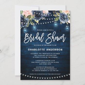 navy blue blush floral string light bridal shower invitation