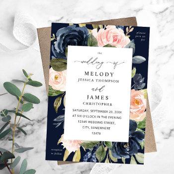 navy blue & blush pink floral wedding fall invitation