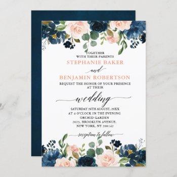 navy blue blush pink rose boho wedding invitation