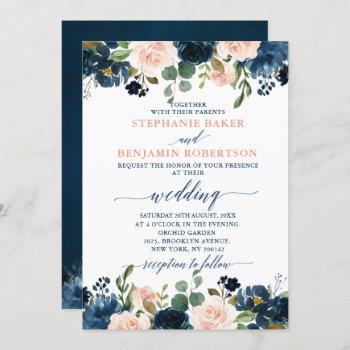 navy blue blush pink rose boho wedding invitation