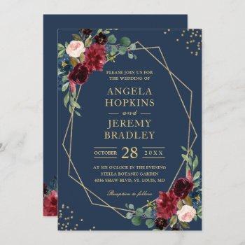 navy blue burgundy floral gold geometric wedding invitation