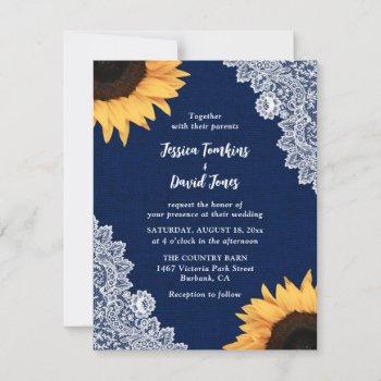 navy blue burlap and lace sunflower wedding invitation