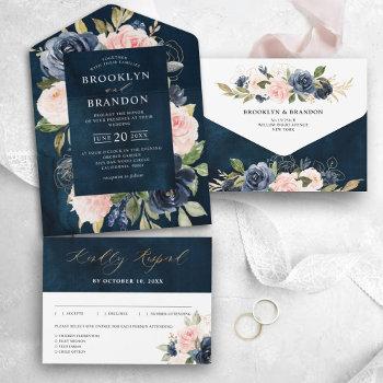navy blue dusty blush pink floral wedding  all in one invitation