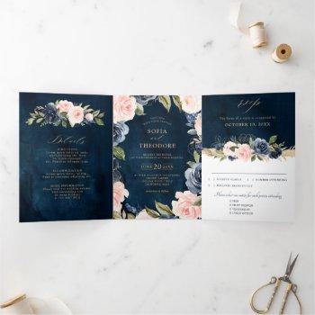 Small Navy Blue Dusty Blush Pink Floral Wedding Tri-fol Tri-fold Announcement Front View