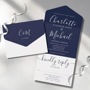 navy blue elegant modern script minimalist wedding all in one invitation