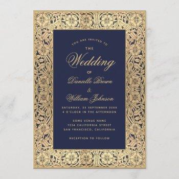 navy blue elegant vintage gold roses frame wedding invitation