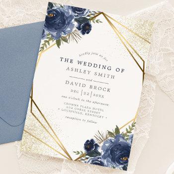 navy blue floral gold geometric modern wedding invitation