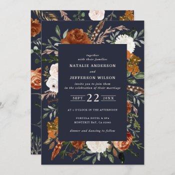 navy blue floral rustic elegant modern invitation