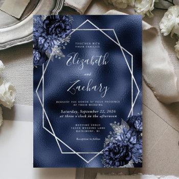 navy blue floral silver frame faux foil wedding invitation