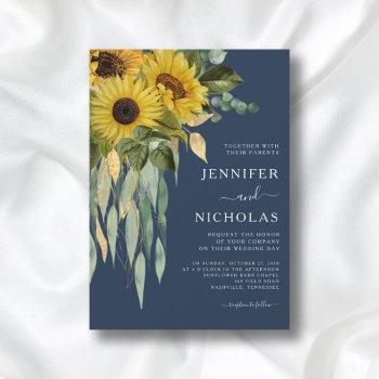 navy blue floral sunflower eucalyptus wedding invitation