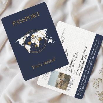 navy blue gold passport destination wedding photo invitation