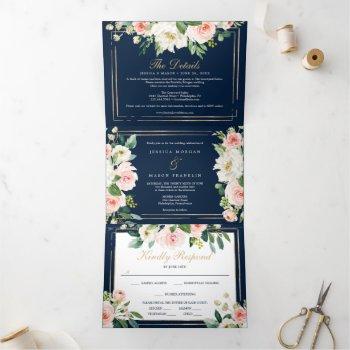 Small Navy Blue Gold Wedding Tri-fold  Rsvp Front View