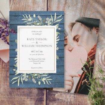 navy blue greenery gold rustic photo wedding invitation