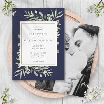 navy blue greenery leaves photo wedding  invitation
