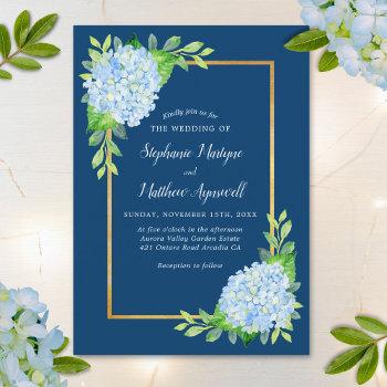 navy blue hydrangea gold border wedding invitation