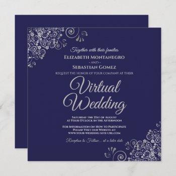 navy blue & lacy silver elegant virtual wedding invitation