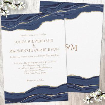  navy blue marble agate gold glitter wedding invitation