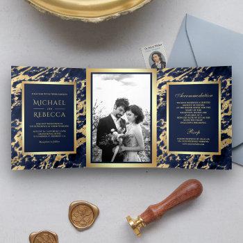 Small Navy Blue Marble Faux Gold Foil Photo Wedding Tri-fold Front View