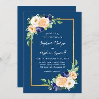 navy blue modern floral coral wedding invitation