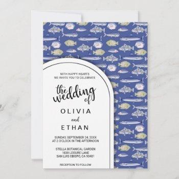 navy blue nautical fish pattern wedding invitation
